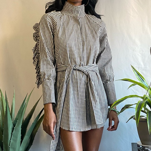 Printed black and white ruffle shirt dress - Picture 3 of 14